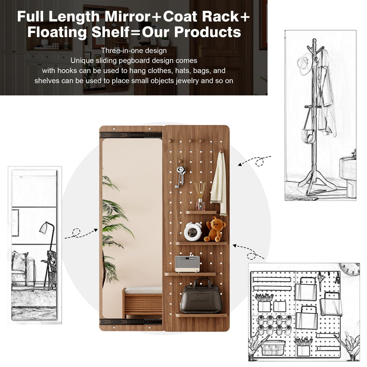 Full-length wall mounted mirror with shelf and coat hook in dark brown wood by HouseOfZazla on Tampa Home & Garden Store