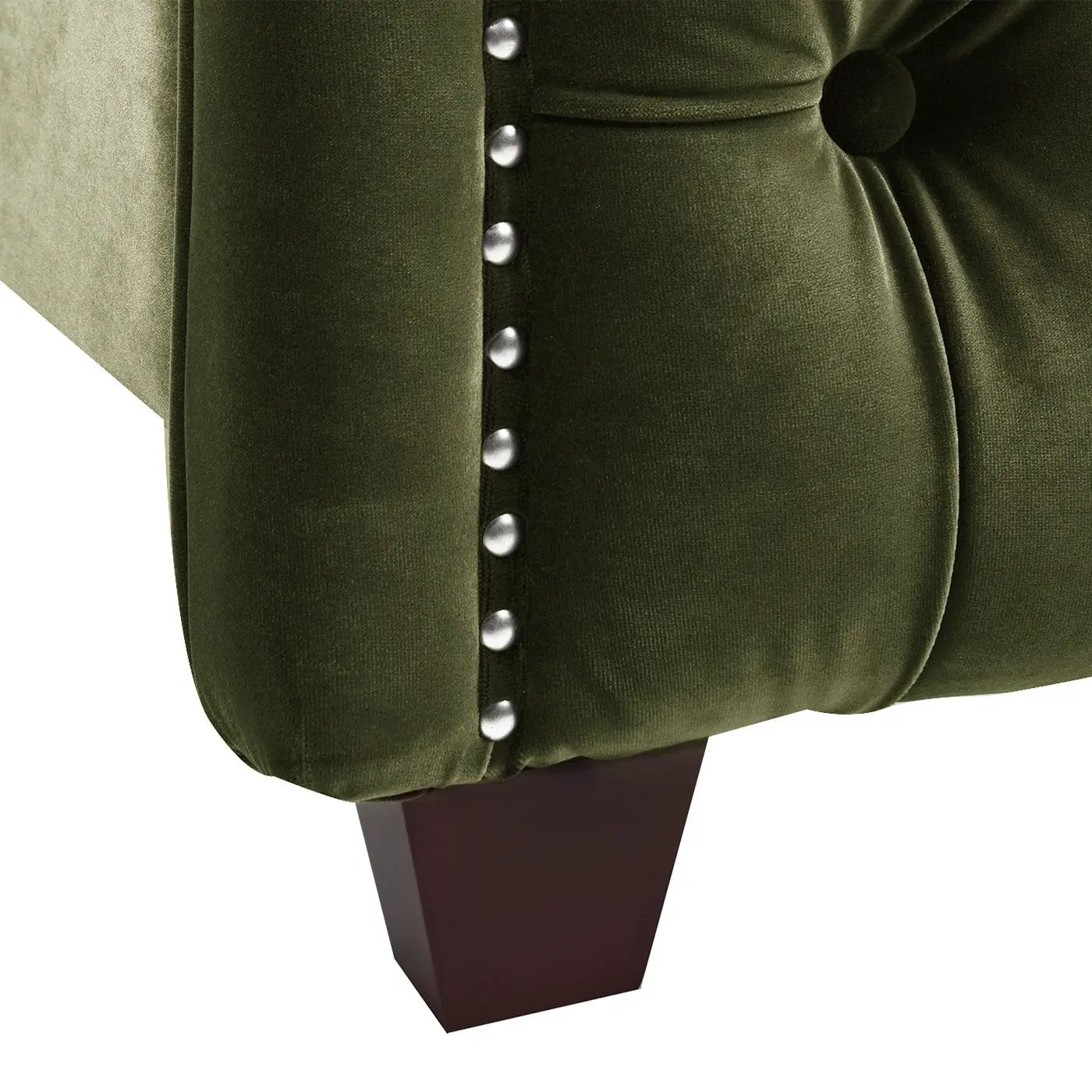 Marcella upholstered shelter bed set in olive velvet with silver buttons and dark wood legs on Tampa Home & Garden Store