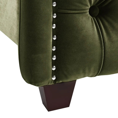 Marcella upholstered shelter bed set in olive velvet with silver buttons and dark wood legs on Tampa Home & Garden Store