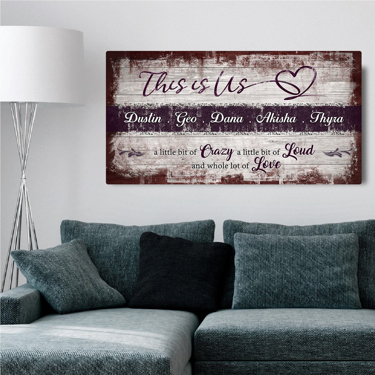 This is Us Family Sign canvas by Tailored Canvases with rustic wood and family names heart motif on Tampa Home & Garden Store