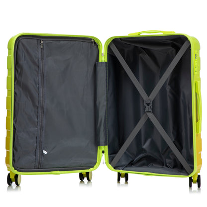 3-piece spinner luggage set HouseOfZazla, lime yellow-green exterior, two open suitcases with mesh divider and cross straps on Tampa Home & Garden Store