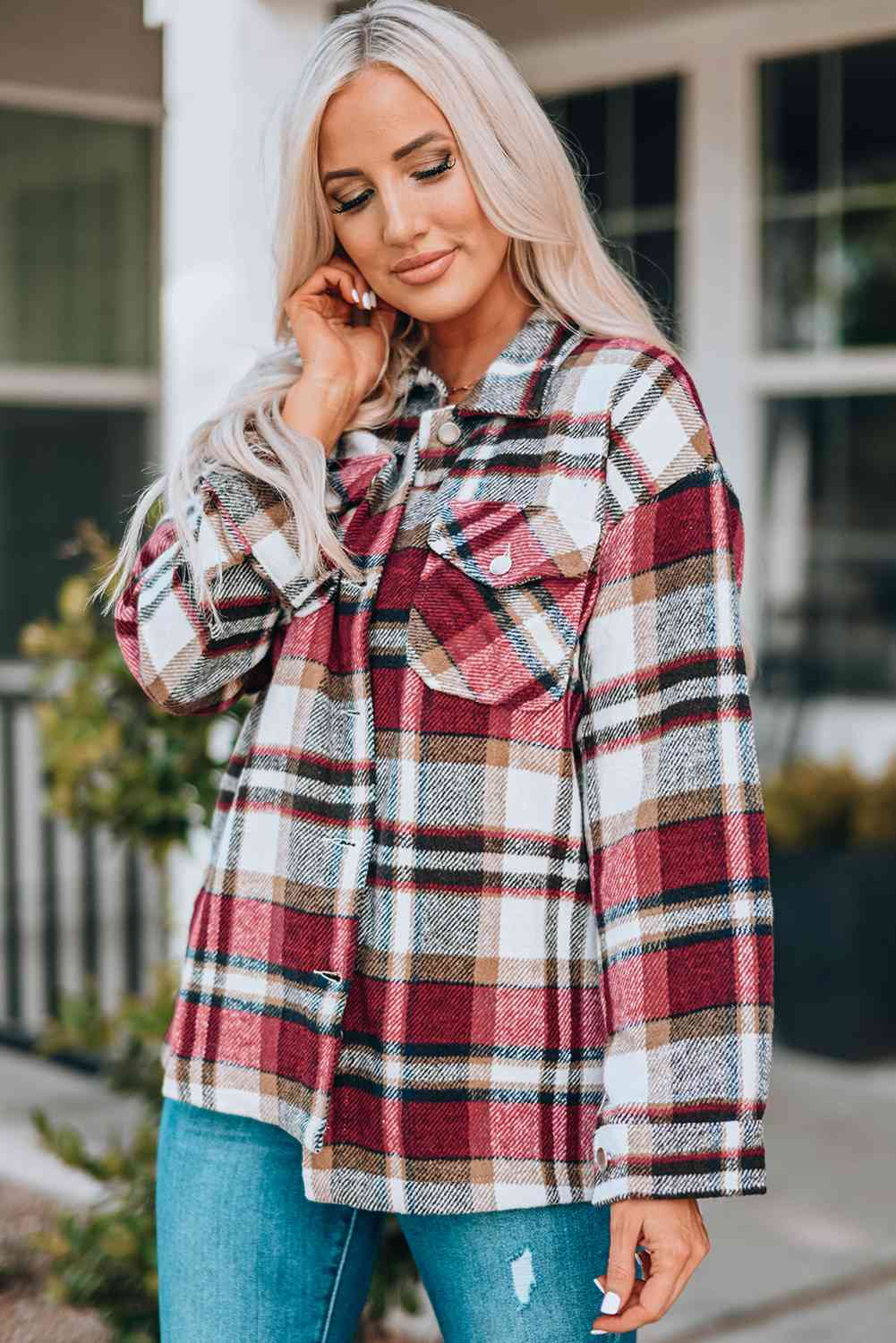 Classic Plaid Button Front Shirt Jacket by Stevvex in red plaid with breast pockets on Tampa Home & Garden Store