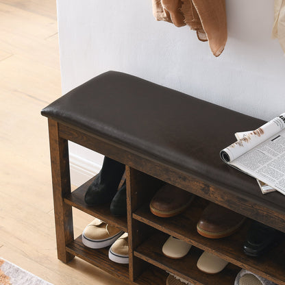 Height-Adjustable shoe-changing bench with dark wood frame and black cushioned top, shoes on lower shelves on Tampa Home & Garden Store