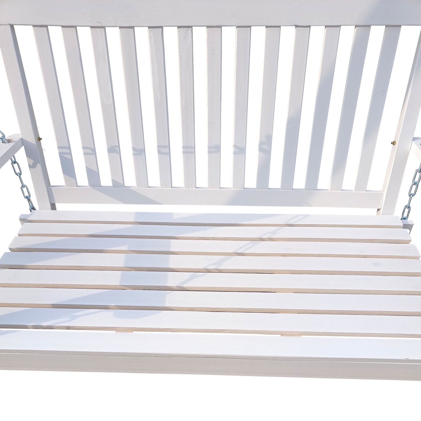 Front porch swing, white wooden with armrests and hanging chains for outdoor patio on Tampa Home & Garden Store