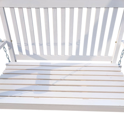 Front porch swing, white wooden with armrests and hanging chains for outdoor patio on Tampa Home & Garden Store