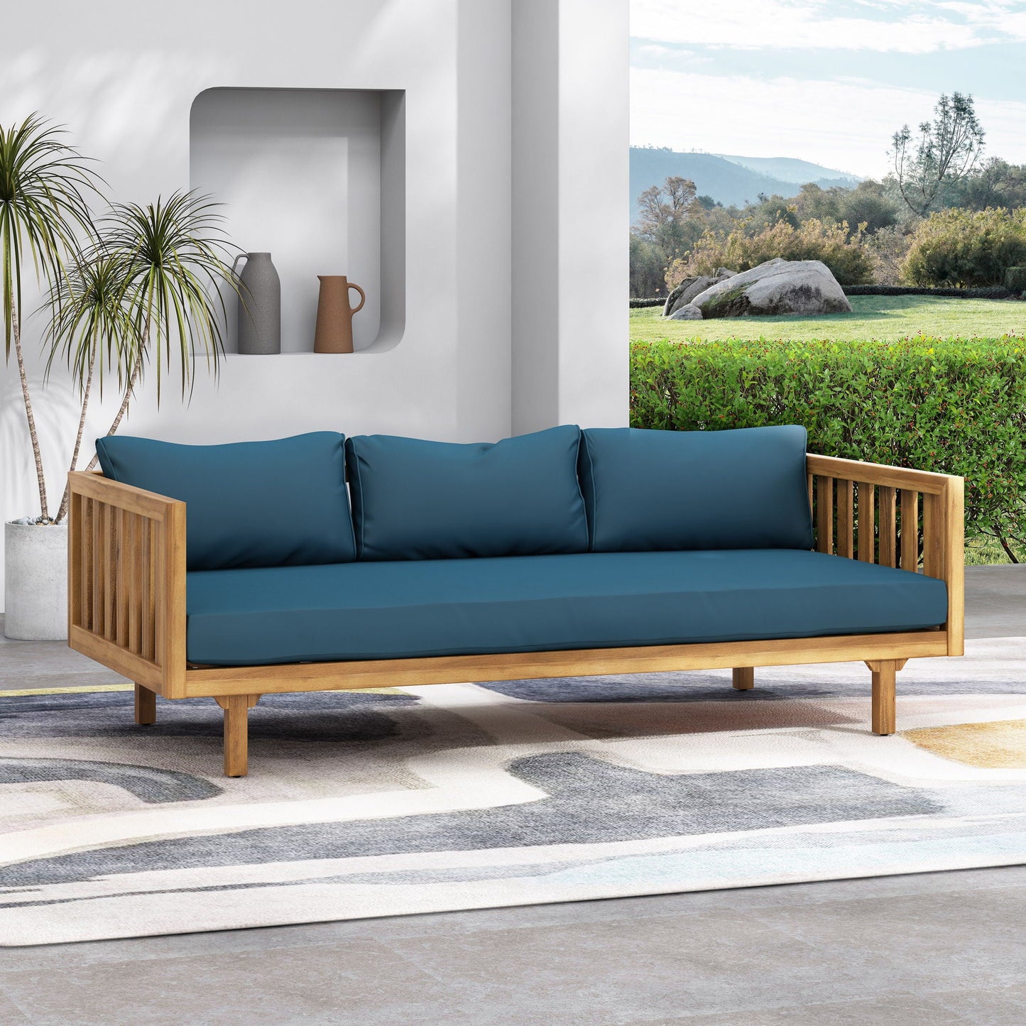 Claremont 3 Seater Daybed with teak acacia frame and water-resistant blue cushions HouseOfZazla on Tampa Home & Garden Store