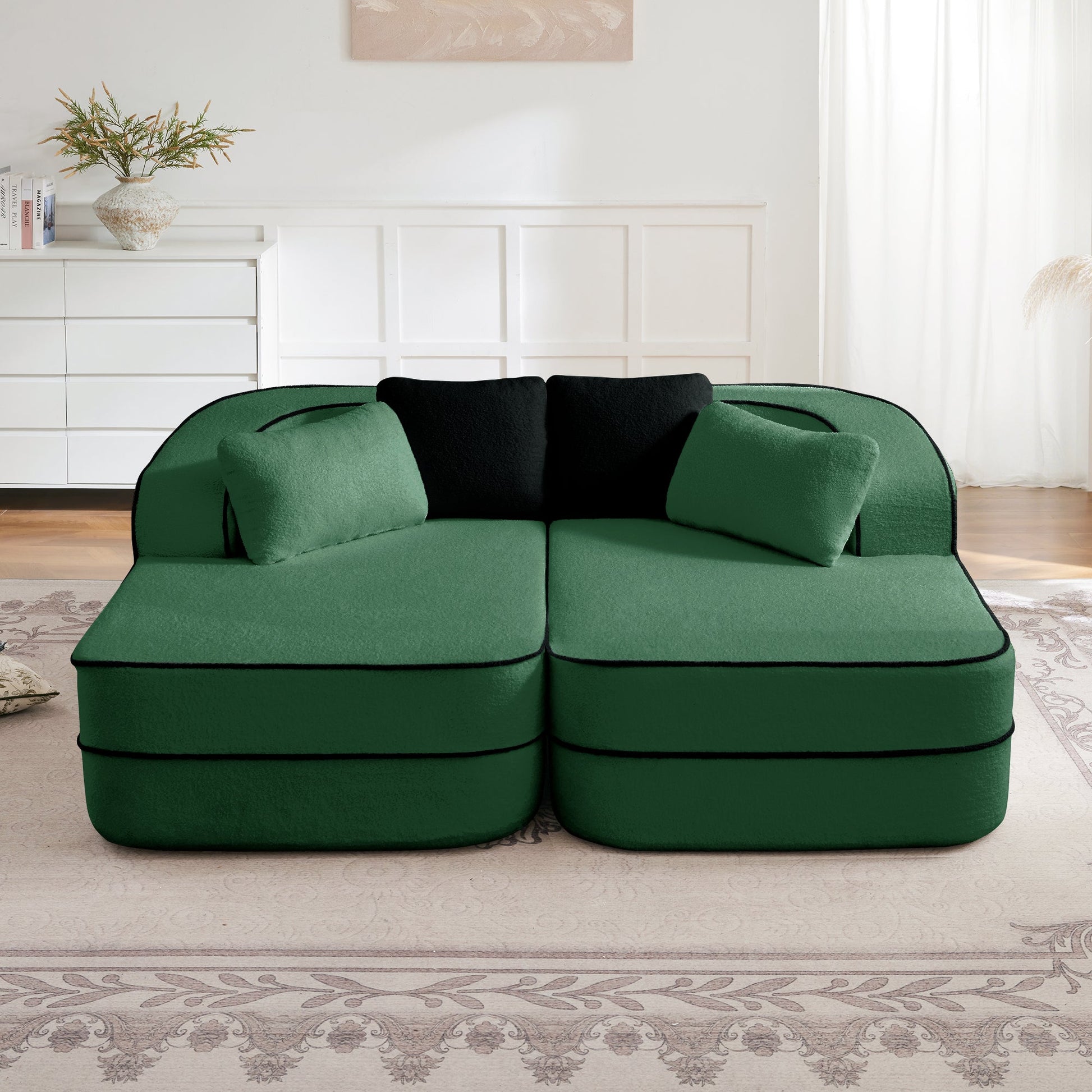 77.2 Teddy Fabric Modular Sofa in emerald green with black piping and plush cushions on Tampa Home & Garden Store