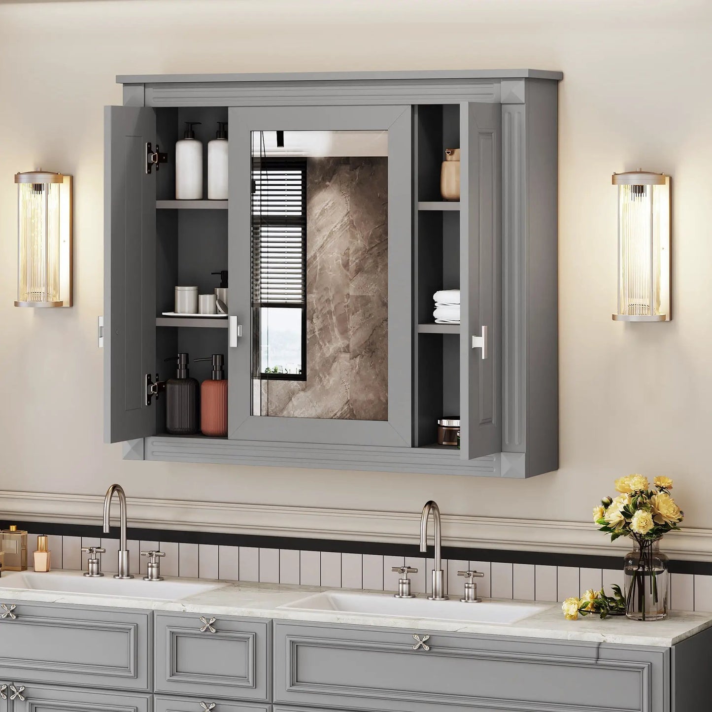Wall mounted medicine cabinet with mirror gray finish 4 shelves Unique Piece Furniture on Tampa Home & Garden Store