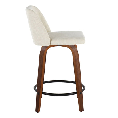 Contemporary fixed-height counter stool with swivel beige linen upholstery and curved wood legs on Tampa Home & Garden Store
