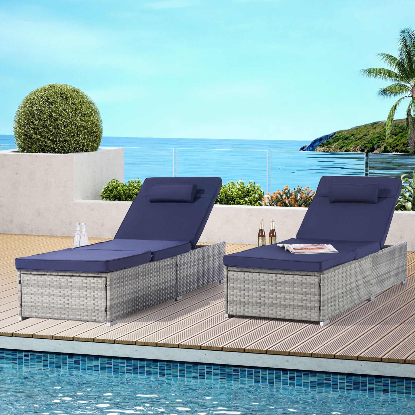 HouseOfZazla outdoor chaise lounges set of 2 in gray PE rattan with blue cushions by pool on Tampa Home & Garden Store