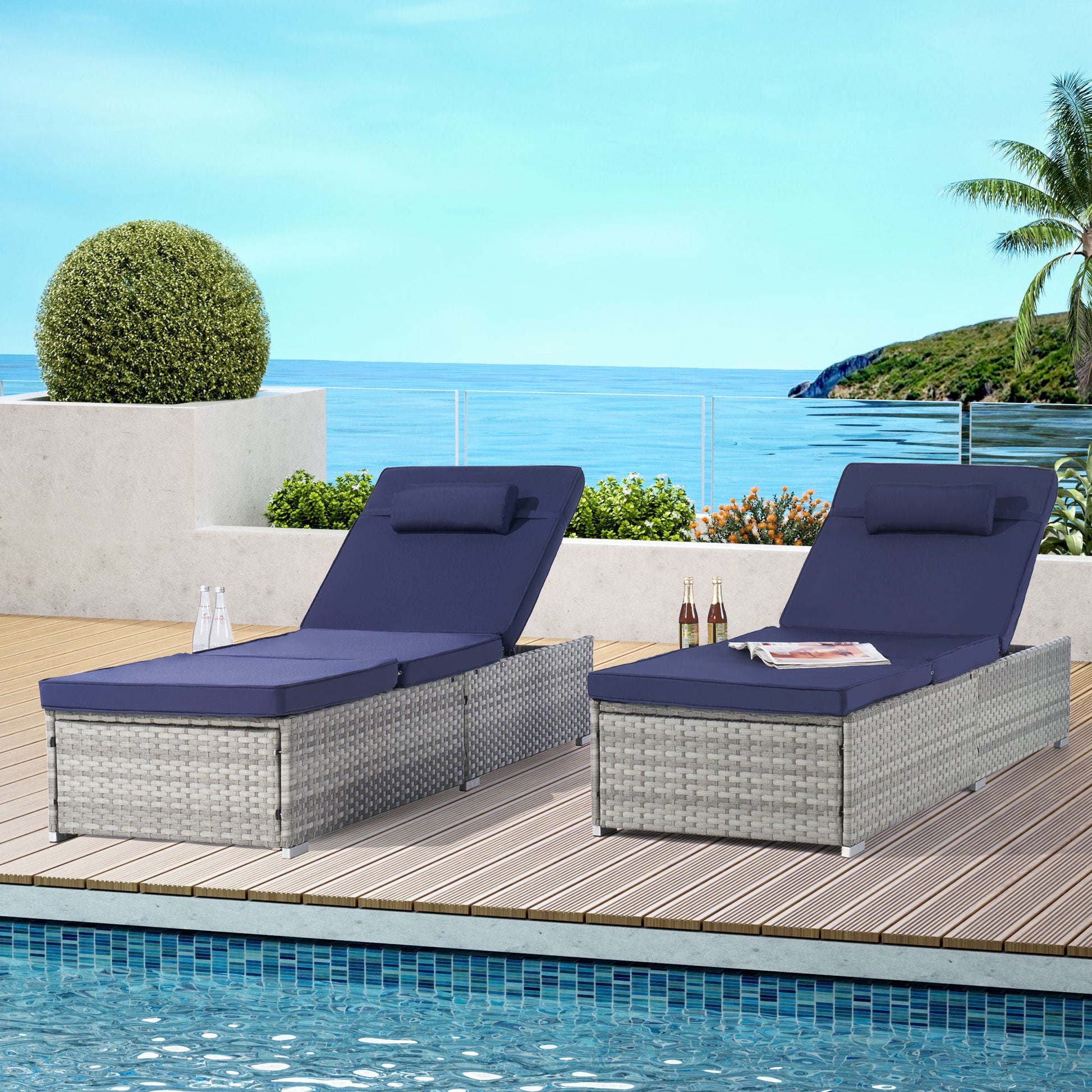 HouseOfZazla outdoor chaise lounges set of 2 in gray PE rattan with blue cushions by pool on Tampa Home & Garden Store
