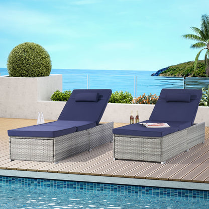 HouseOfZazla outdoor chaise lounges set of 2 in gray PE rattan with blue cushions by pool on Tampa Home & Garden Store
