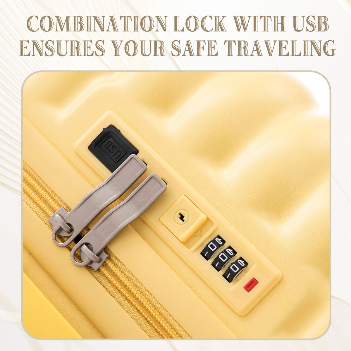 HouseOfZazla yellow carry-on spinner luggage close-up with USB port panel and combination lock on Tampa Home & Garden Store