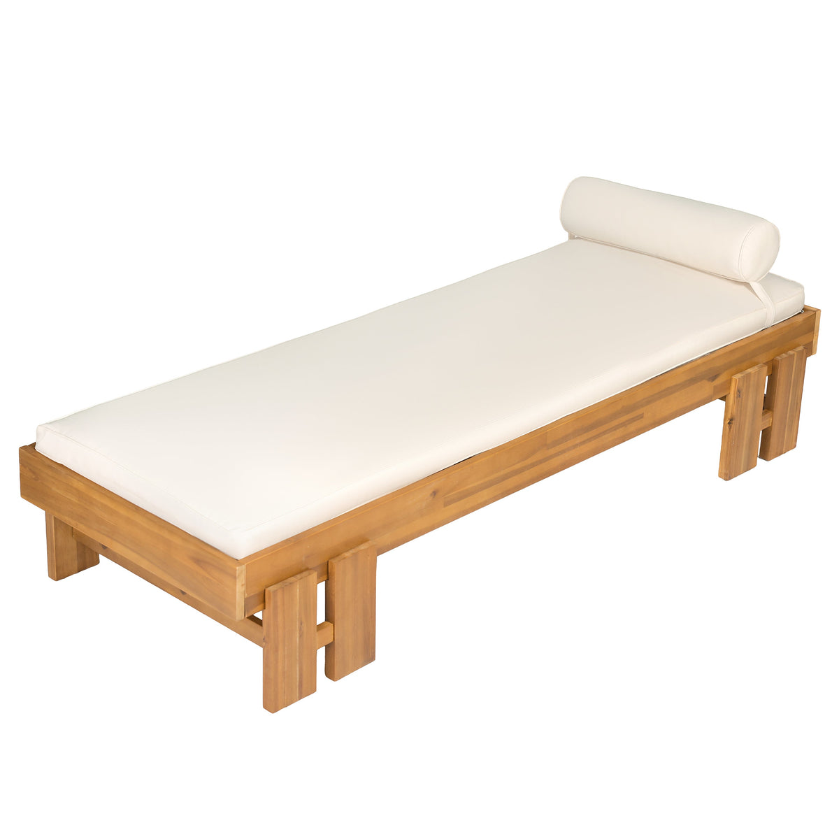 Teak finish acacia wood daybed with cream cushion back bolster for outdoor patio seating on Tampa Home & Garden Store