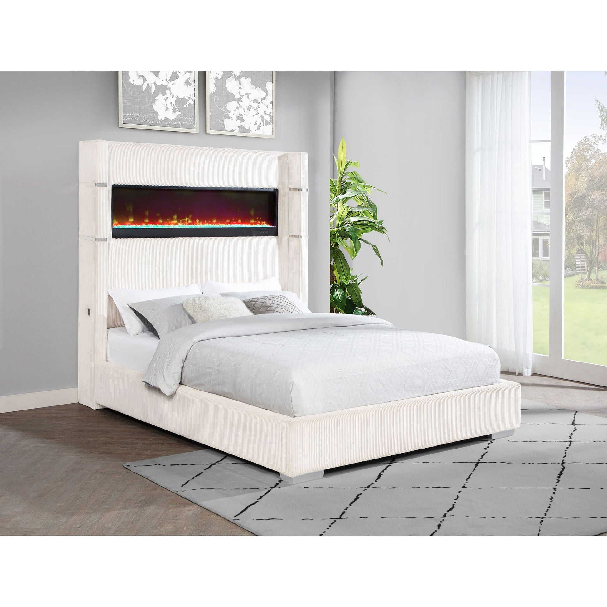Judah Flame Visualizer Bed white upholstered bed with integrated electric fireplace headboard on Tampa Home & Garden Store