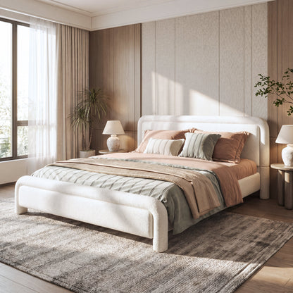 Queen size upholstered platform bed frame in beige fabric with a low-profile design by HouseOfZazla on Tampa Home & Garden Store