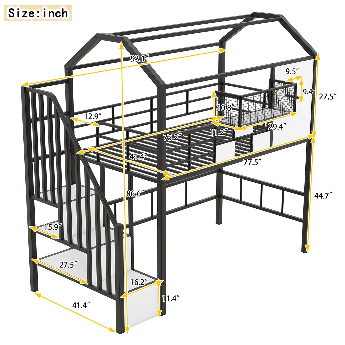 Metal loft bed with roof, guardrails, storage box and ladder in gray steel HouseOfZazla on Tampa Home & Garden Store
