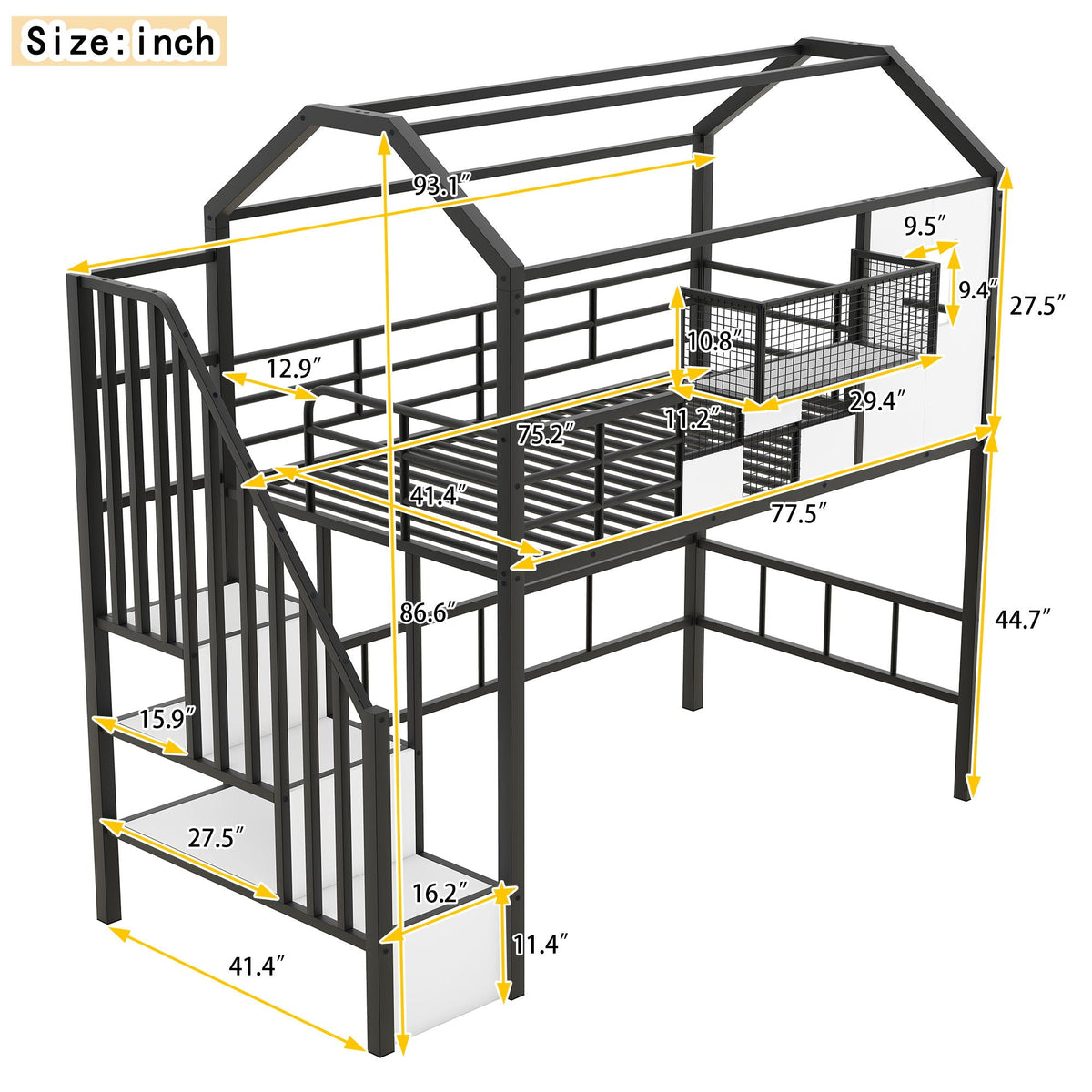 Metal loft bed with roof, guardrails, storage box and ladder in gray steel HouseOfZazla on Tampa Home & Garden Store