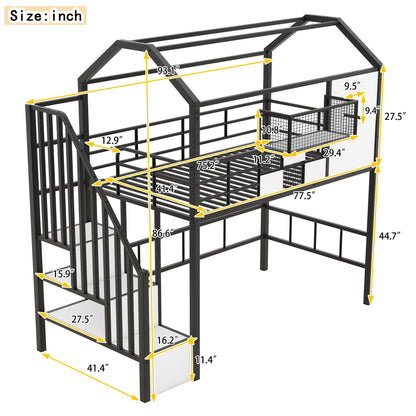Metal loft bed with roof, guardrails, storage box and ladder in gray steel HouseOfZazla on Tampa Home & Garden Store