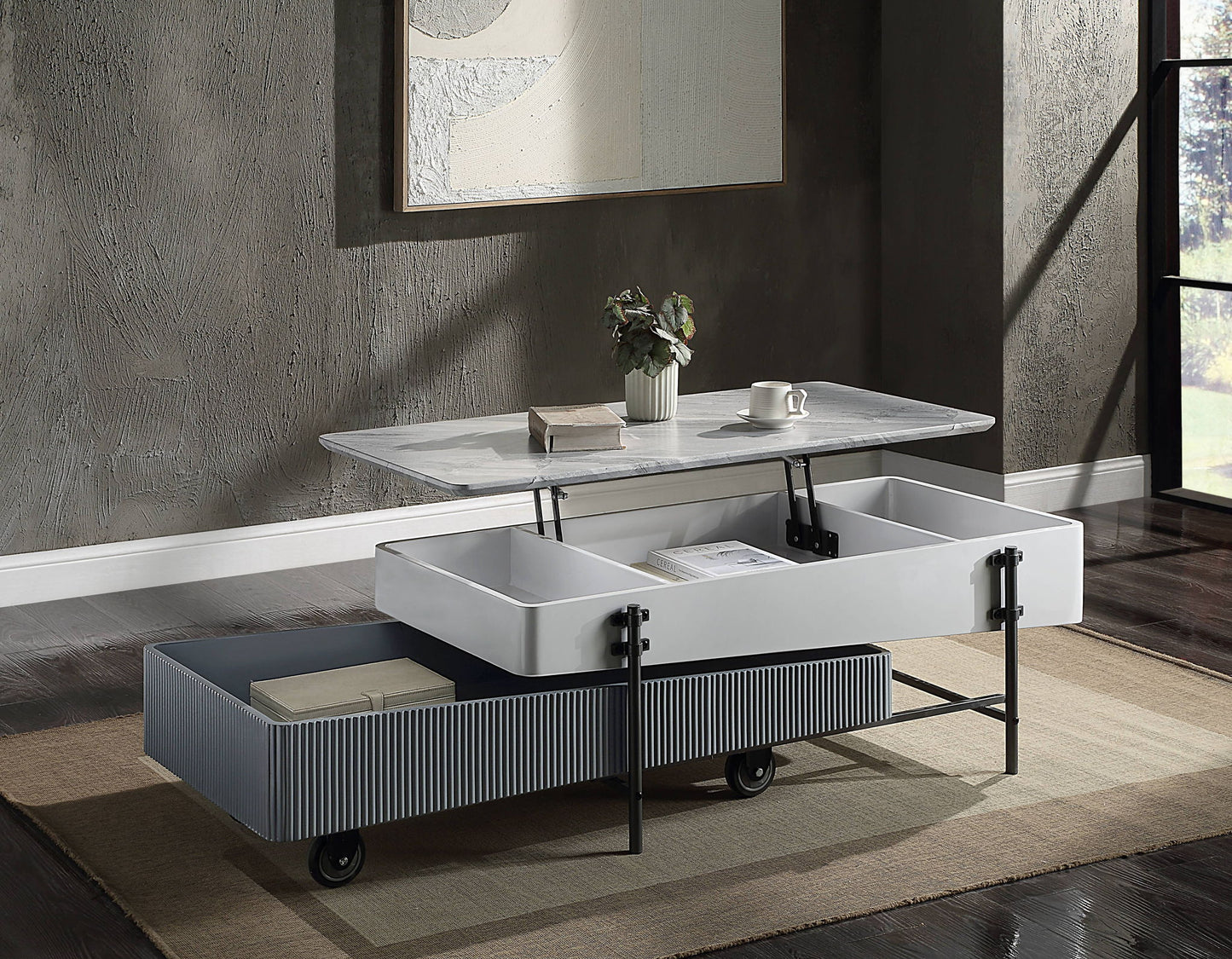 Wilkins high gloss lift-top coffee table gray/white with marble top and storage on caster wheels on Tampa Home & Garden Store