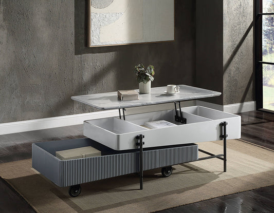 Wilkins high gloss lift-top coffee table gray/white with marble top and storage on caster wheels on Tampa Home & Garden Store