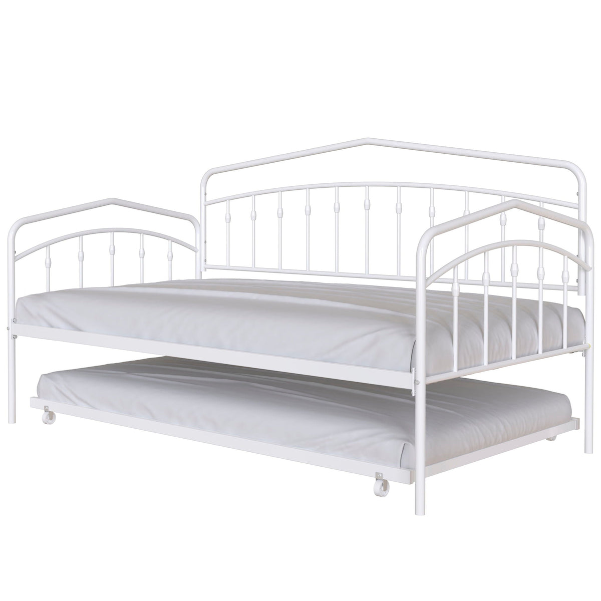 HouseOfZazla Fox daybed with twin trundle, white metal frame and caster wheels on Tampa Home & Garden Store