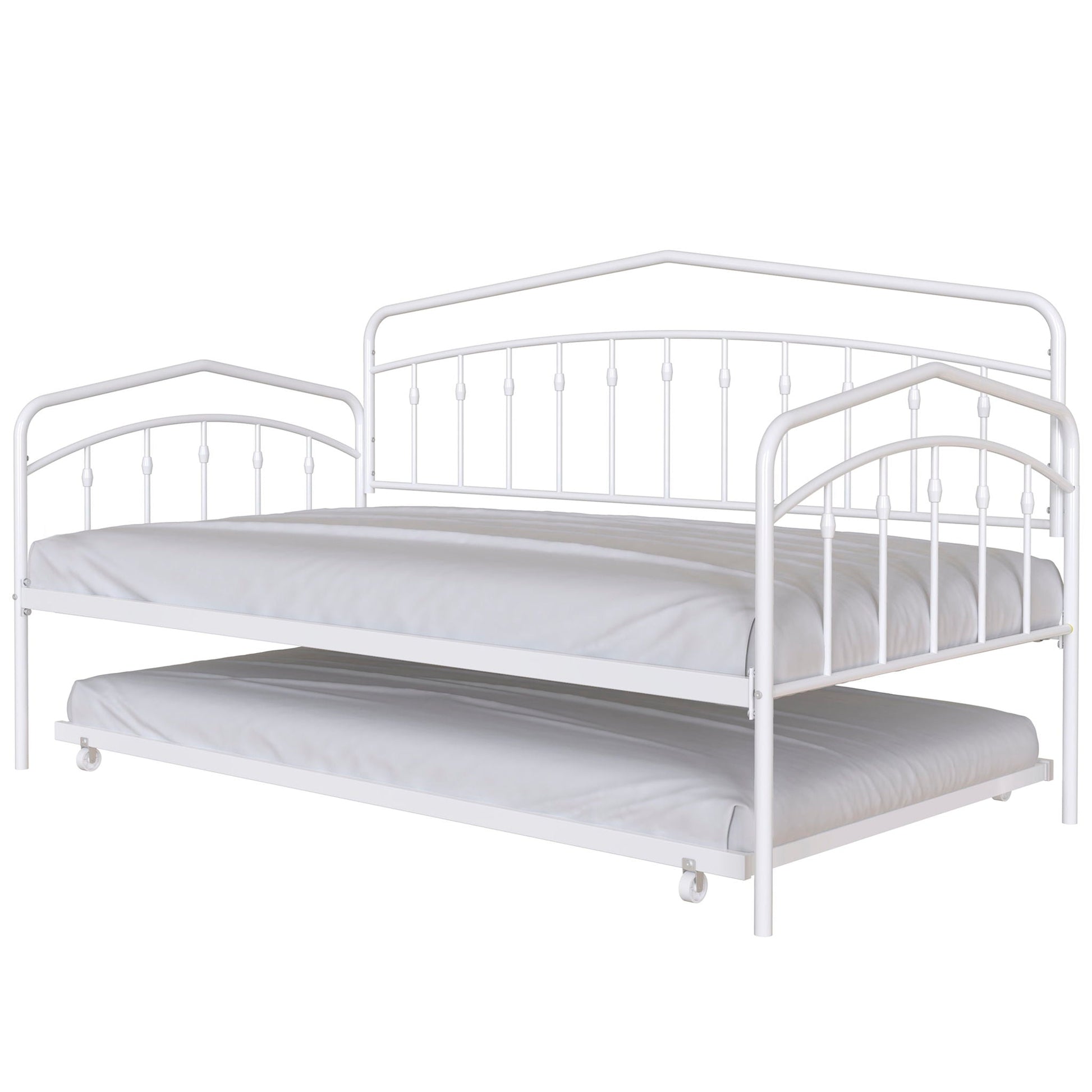HouseOfZazla Fox daybed with twin trundle, white metal frame and caster wheels on Tampa Home & Garden Store
