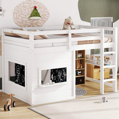 Twin-size loft bed with white frame, sliding chalkboard and built-in bookshelf on Tampa Home & Garden Store