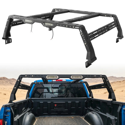 Overland truck bed rack by HouseOfZazla, heavy-duty black steel frame with LED lights on Tampa Home & Garden Store