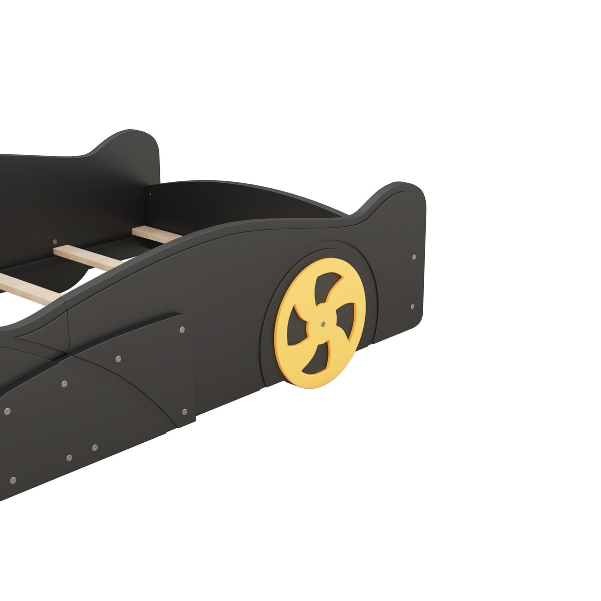 Race car shaped platform bed with black finish and yellow wheel accents by HouseOfZazla on Tampa Home & Garden Store