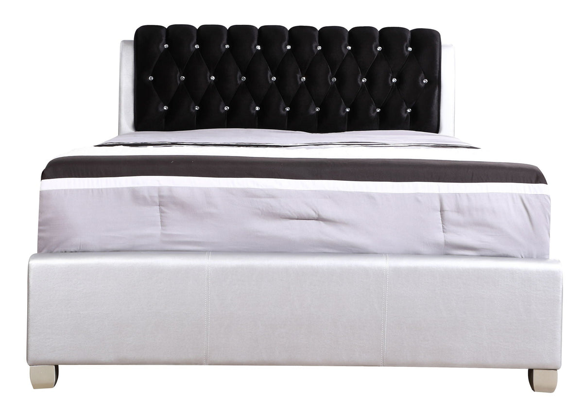 Tufted upholstered bed with black diamond headboard and crystal buttons, light gray frame on Tampa Home & Garden Store