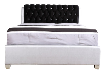 Tufted upholstered bed with black diamond headboard and crystal buttons, light gray frame on Tampa Home & Garden Store
