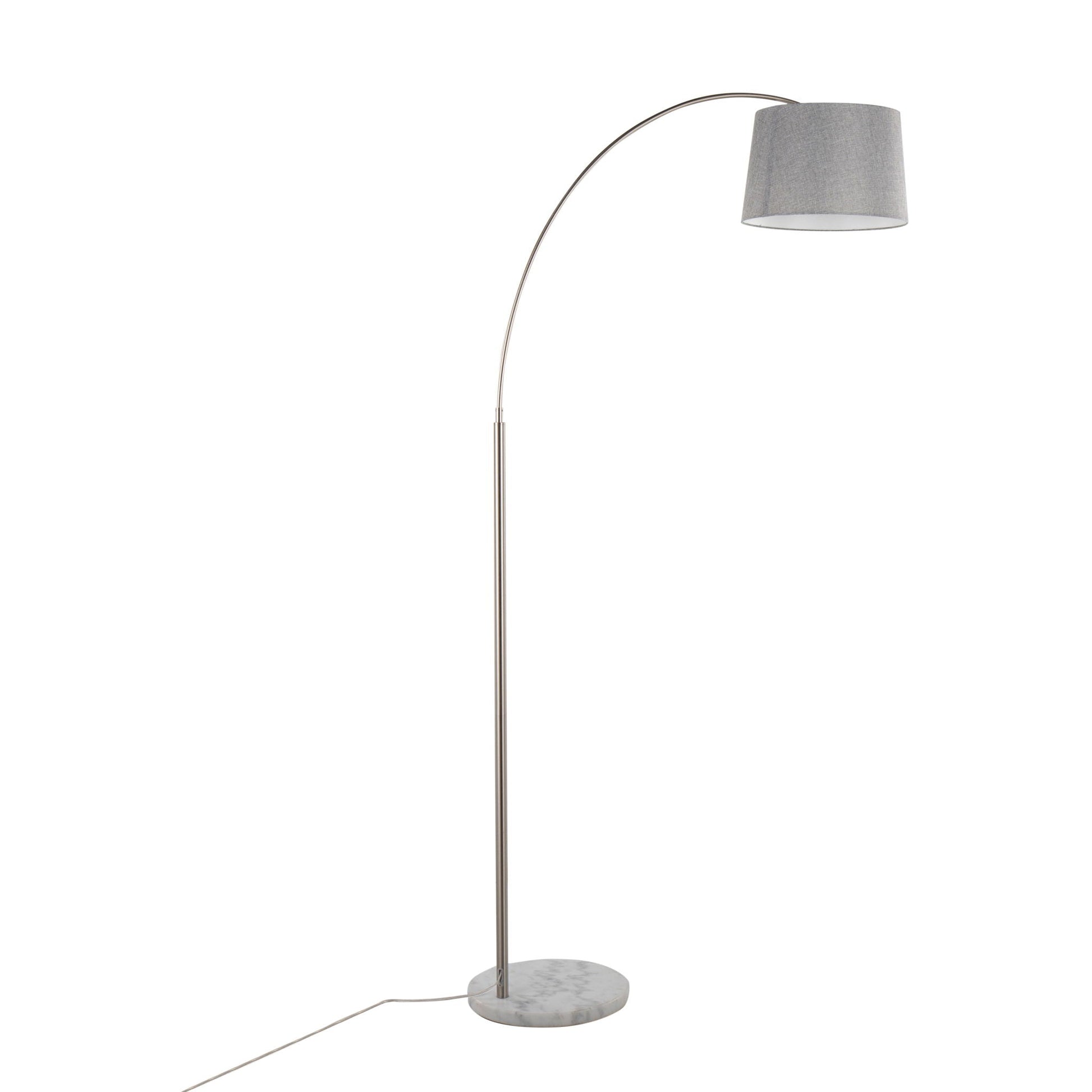March Contemporary Design Floor Lamp with curved chrome arc, gray fabric shade, marble base on Tampa Home & Garden Store