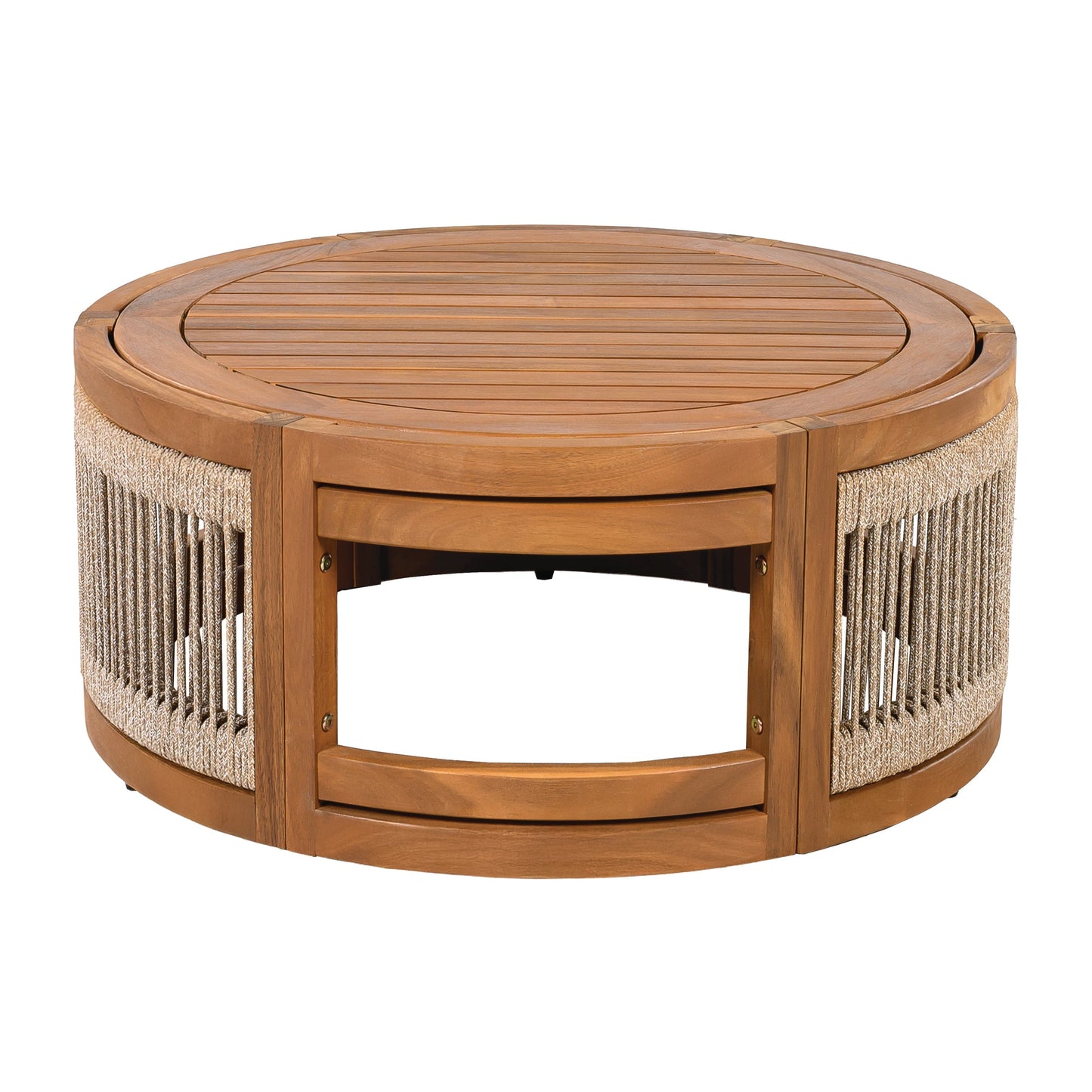 Acacia wood outdoor coffee table with handwoven rope fringe, round 27.95-inch by HouseOfZazla on Tampa Home & Garden Store