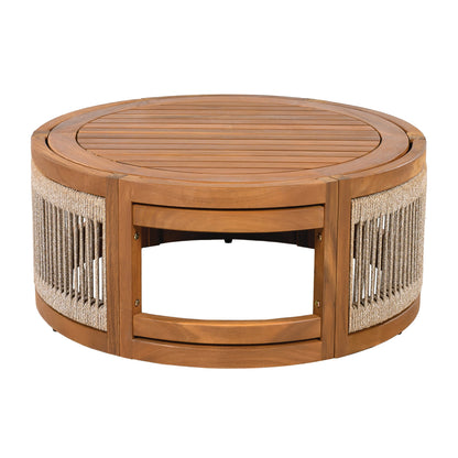Acacia wood outdoor coffee table with handwoven rope fringe, round 27.95-inch by HouseOfZazla on Tampa Home & Garden Store
