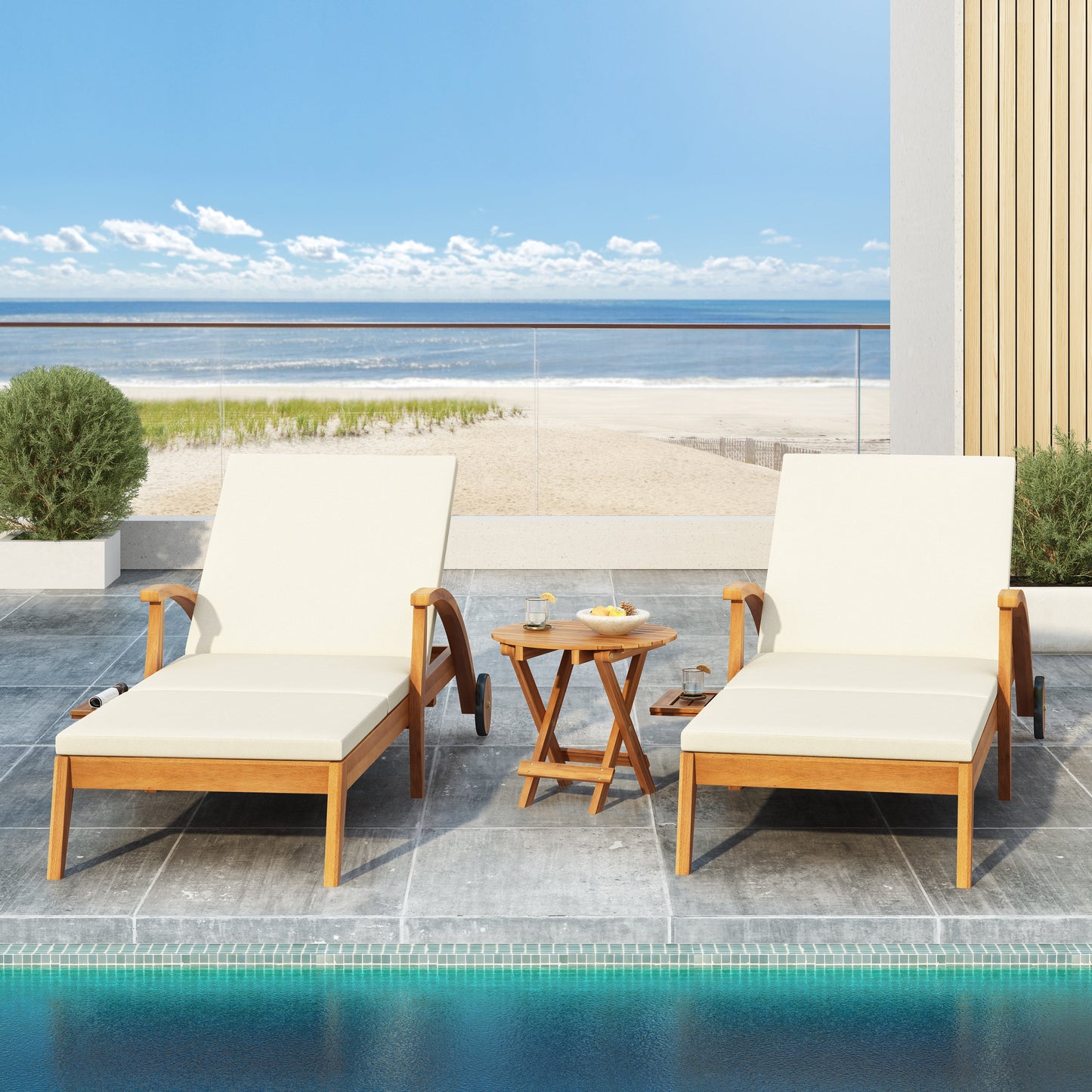 Outdoor Acacia Wood Recliner and Table Set