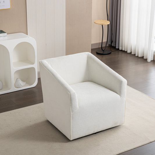 Nice Modern Upholstered Barrel Armchair 360° swivel in white fabric in contemporary setting on Tampa Home & Garden Store