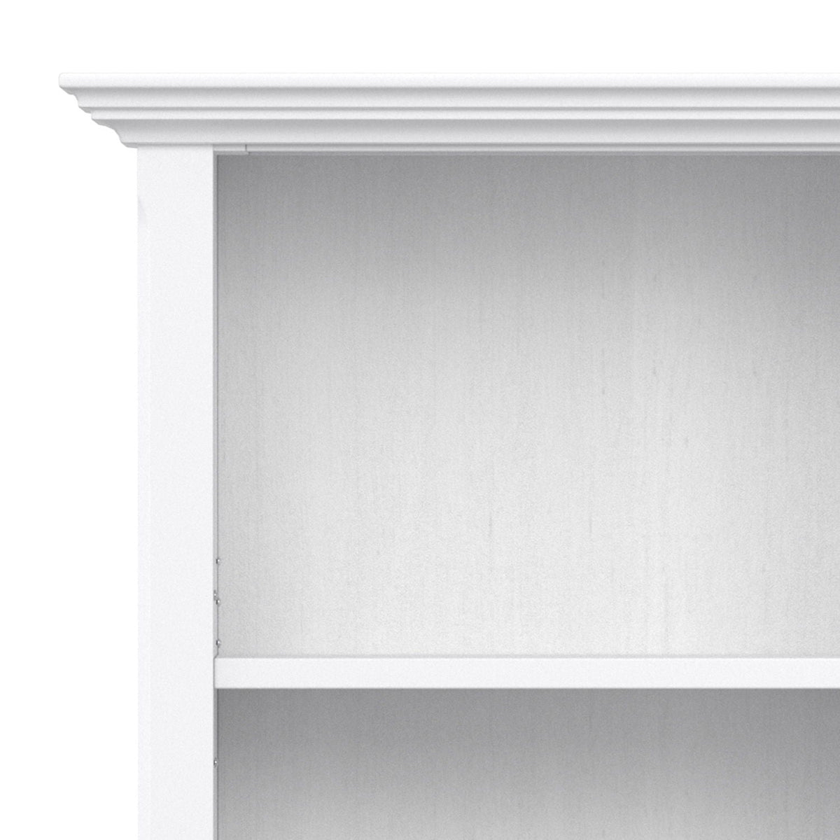 Amherst wooden bookcase with adjustable shelves, white finish and crown molding top on Tampa Home & Garden Store