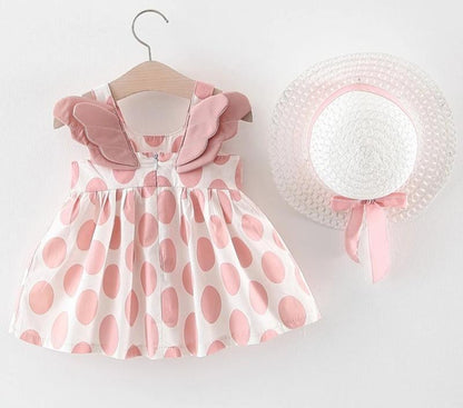 Stevvex baby girl dress and hat set with pink polka dot dress and straw hat with pink ribbon on Tampa Home & Garden Store