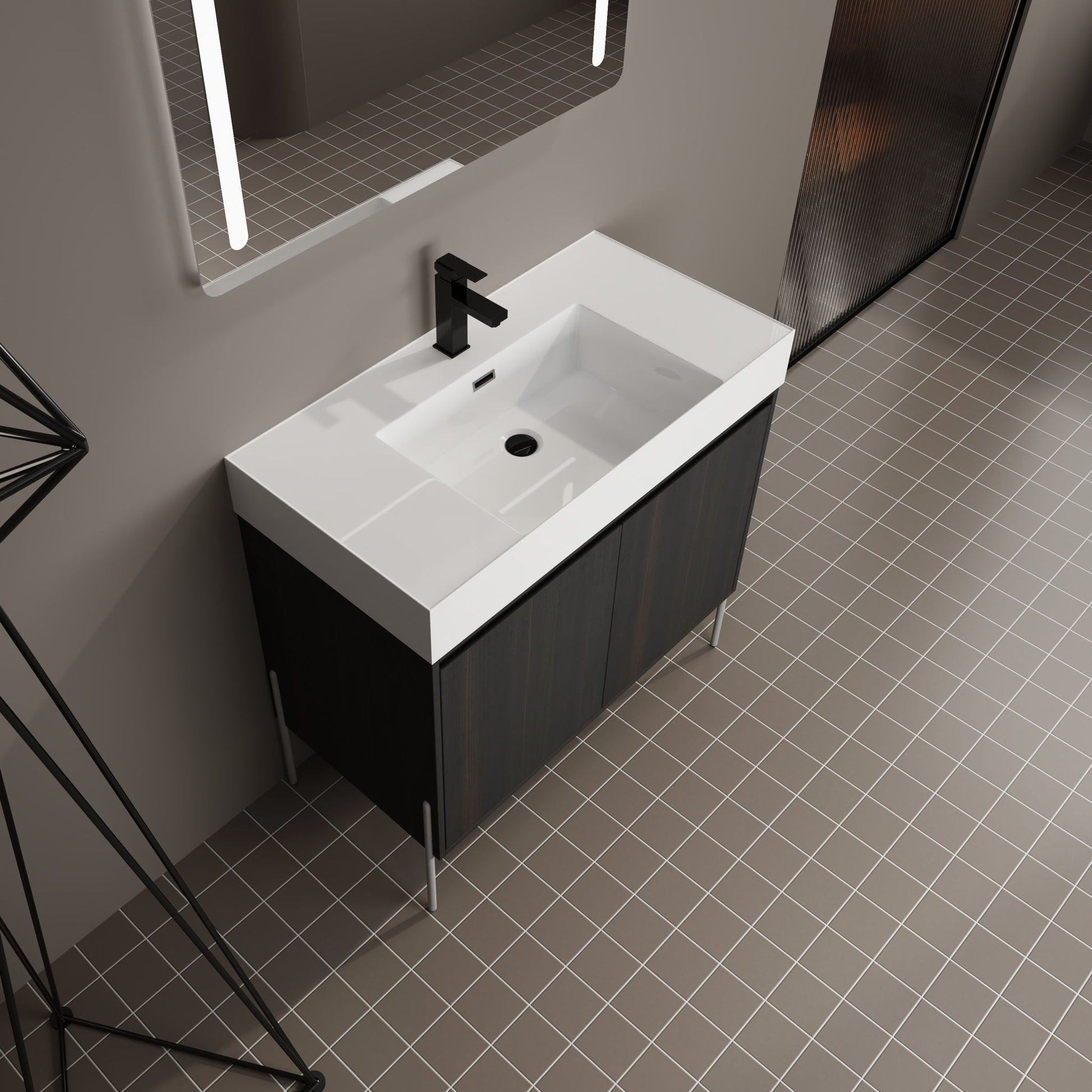 Freestanding vanity with resin sink in dark wood cabinet and black faucet with slim metal legs on Tampa Home & Garden Store