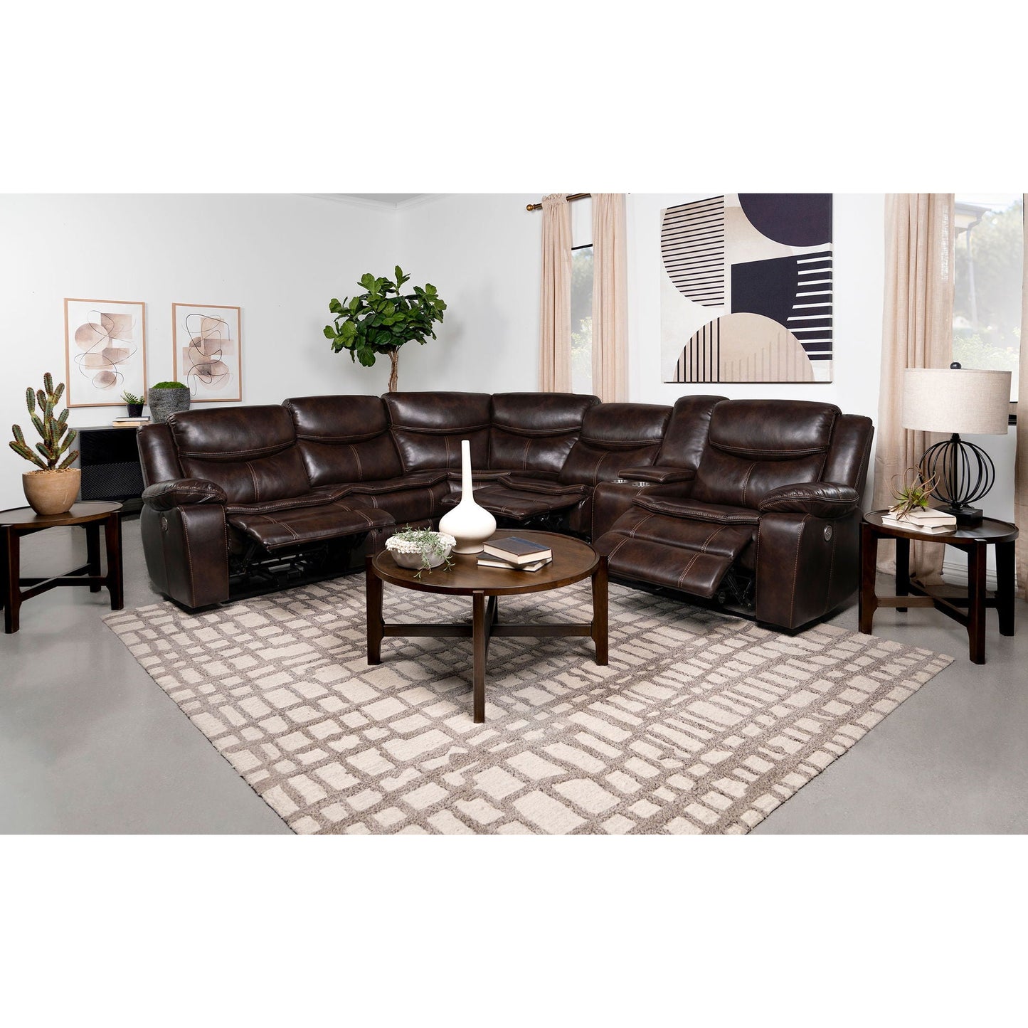 Mclean power reclining sectional sofa with storage console in brown leather by HouseOfZazla on Tampa Home & Garden Store