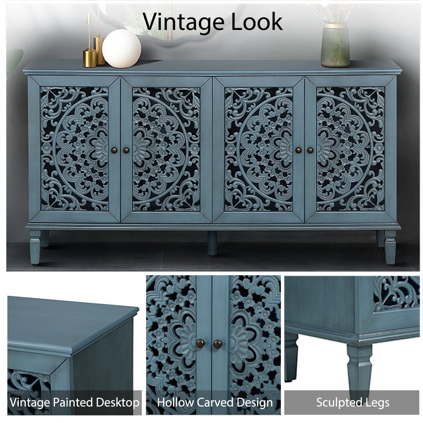 60-inch Antique Buffet Cabinet with blue floral carvings, adjustable shelves, HouseOfZazla on Tampa Home & Garden Store