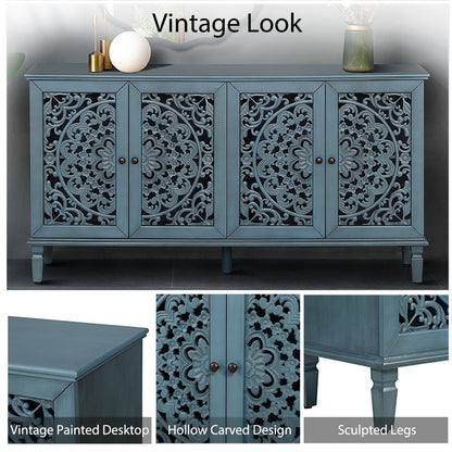 60-inch Antique Buffet Cabinet with blue floral carvings, adjustable shelves, HouseOfZazla on Tampa Home & Garden Store