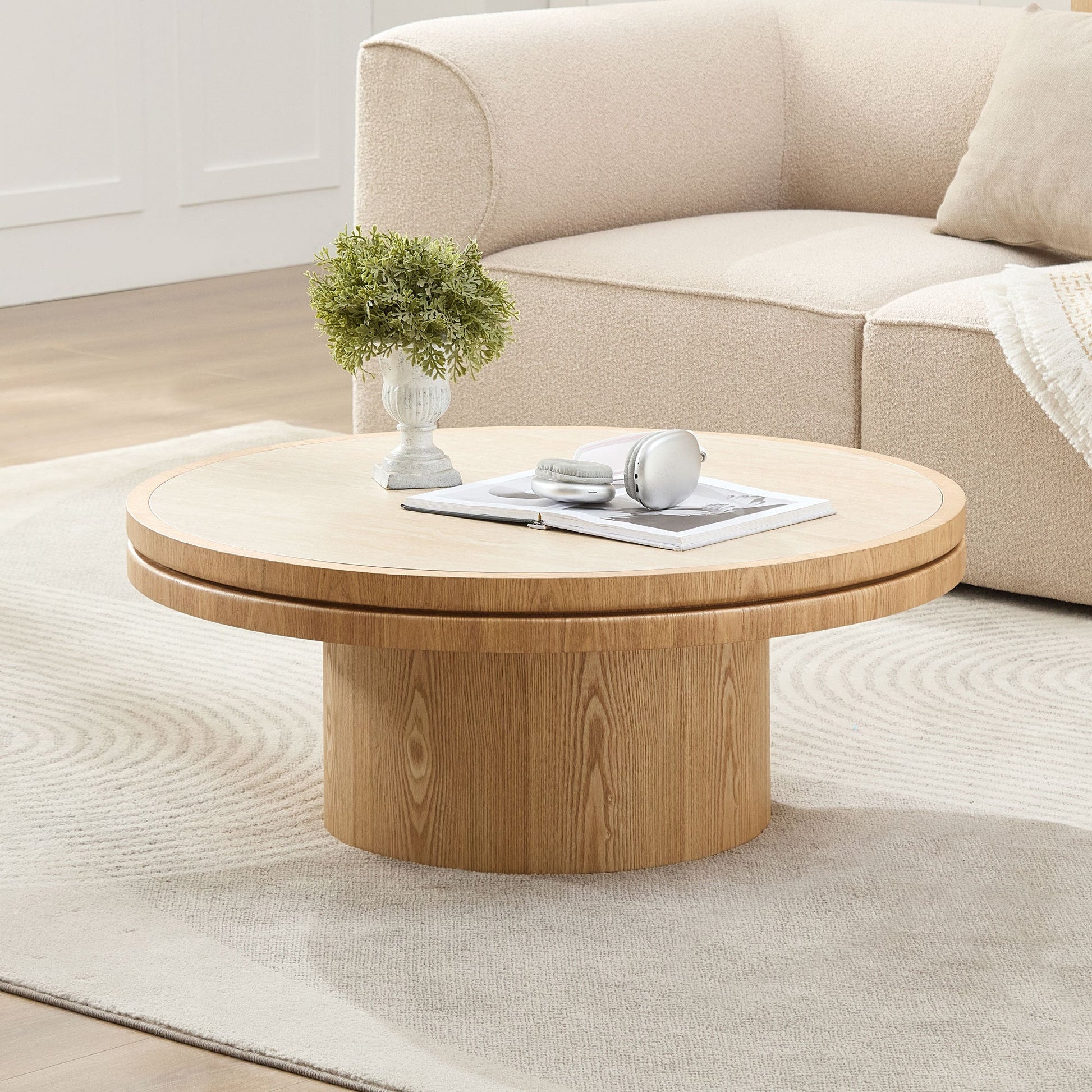 35.43in Round Coffee Table by HouseOfZazla with sintered stone top and light wood finish on Tampa Home & Garden Store