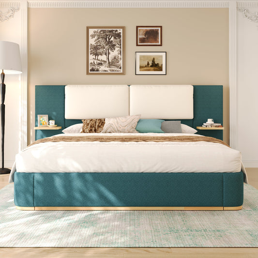 Queen size upholstered platform bed with teal panel headboard and dual nightstands on Tampa Home & Garden Store