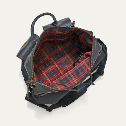 Will Leather Goods Canvas & Leather Travel Duffle with gray exterior and red plaid lining on Tampa Home & Garden Store