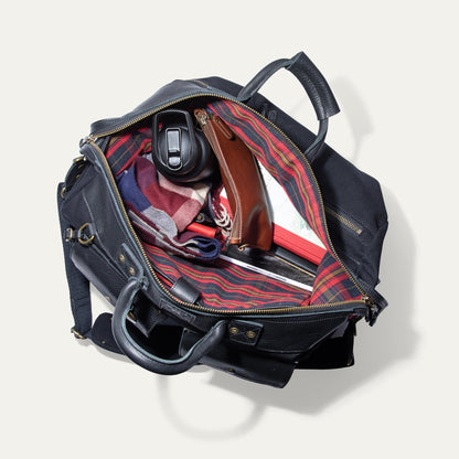 Canvas Travel Duffle Will Leather Goods navy bag with leather trim brass hardware striped lining on Tampa Home & Garden Store