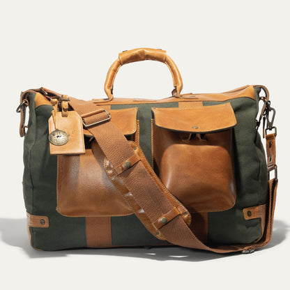 Canvas & Leather Travel Duffle in green canvas with tan leather trim by Will Leather Goods on Tampa Home & Garden Store