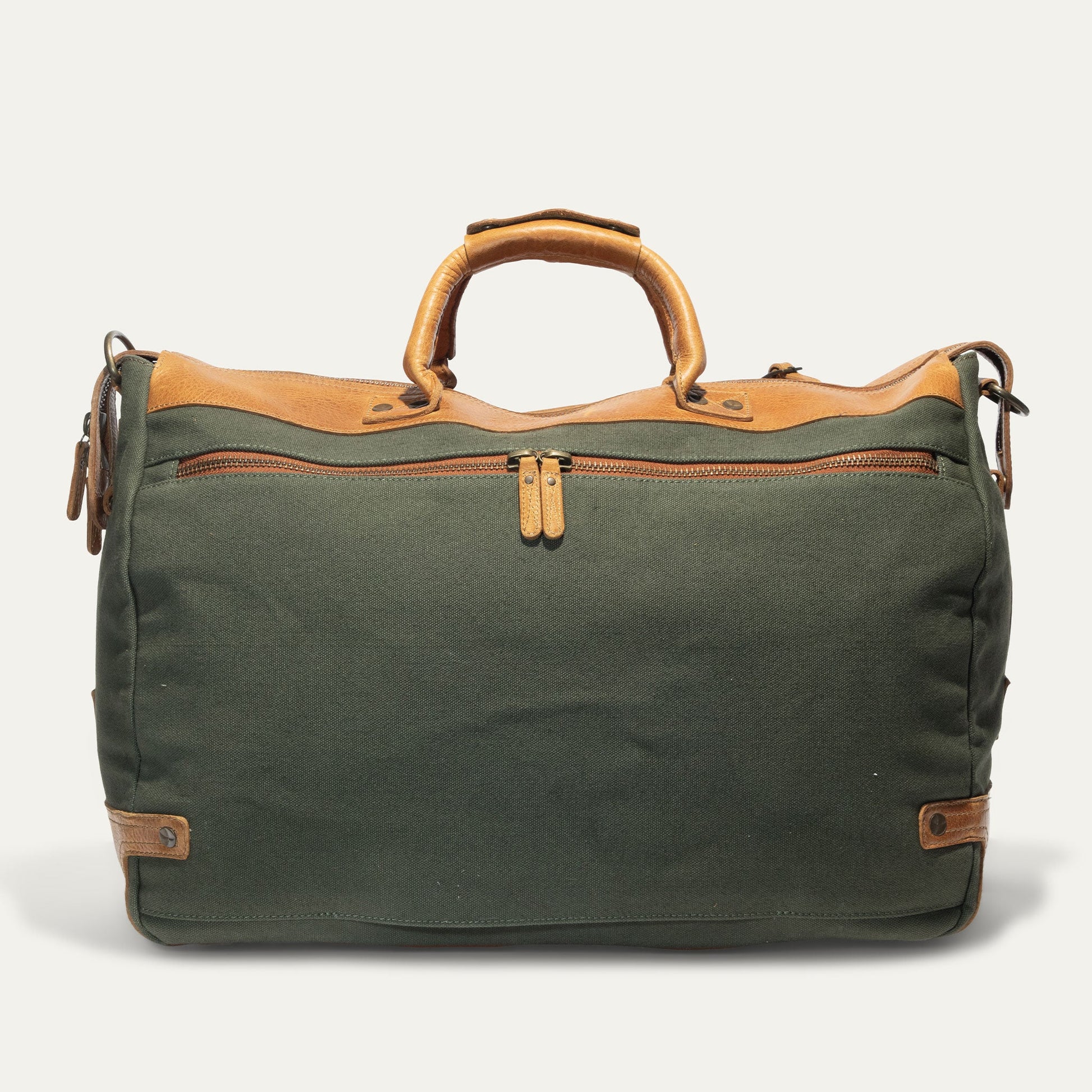 Canvas & Leather Travel Duffle bag in green with tan leather handles by Will Leather Goods on Tampa Home & Garden Store