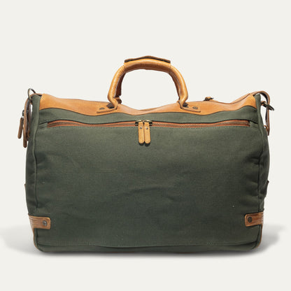 Canvas & Leather Travel Duffle bag in green with tan leather handles by Will Leather Goods on Tampa Home & Garden Store